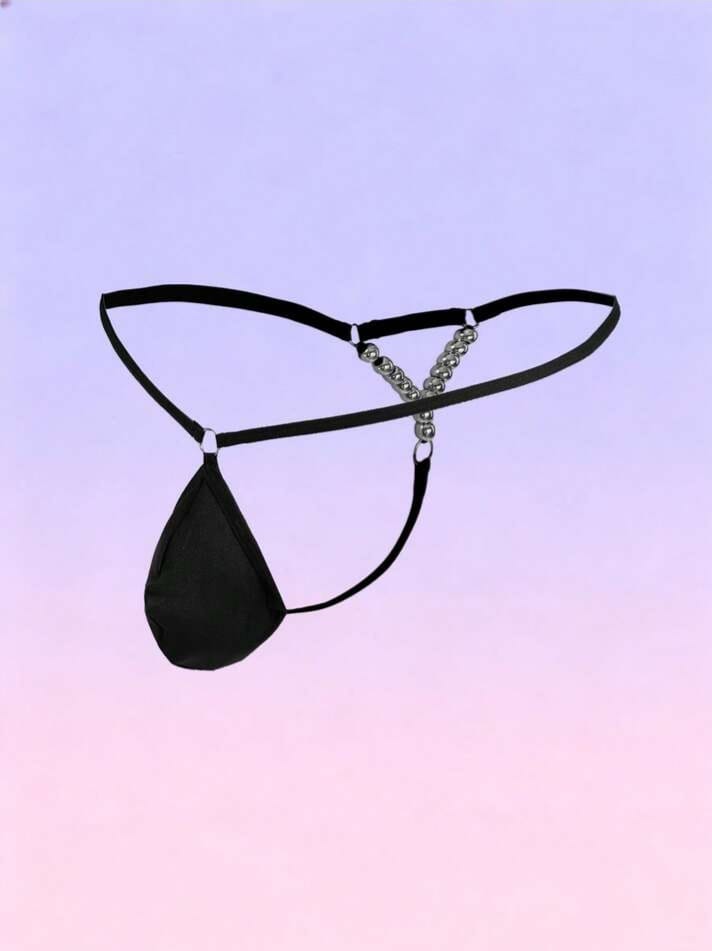 FANDY Men's Black Woven Rear Waist Silver Metal Bead Thong Underwear